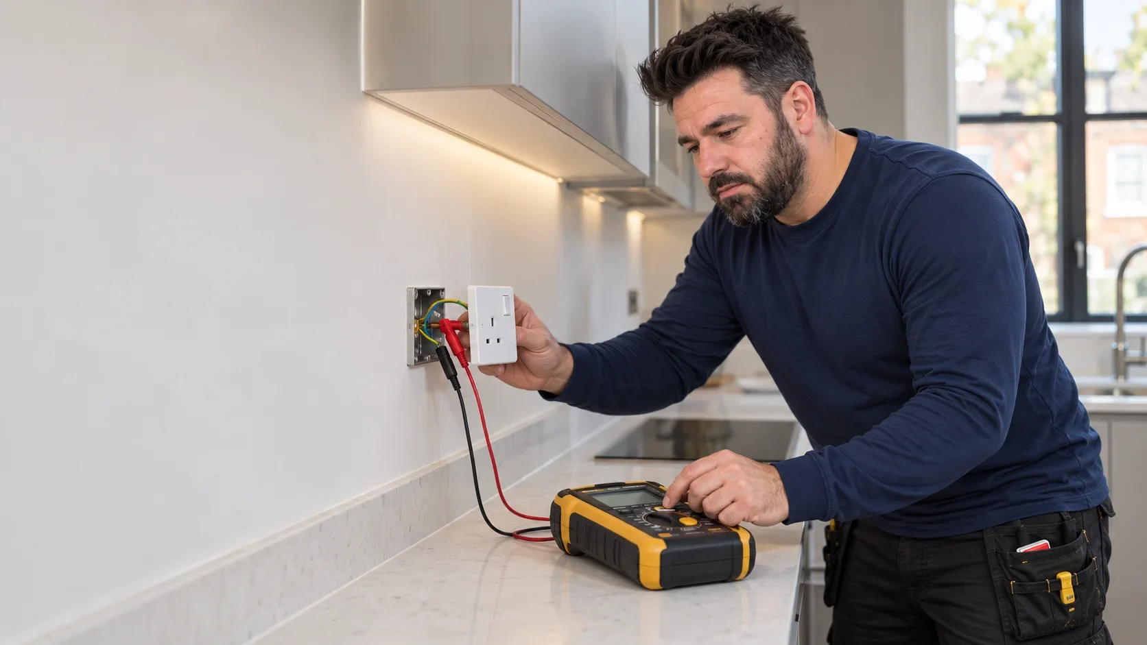 Klaidi testing a kitchen socket circuit with a tester by Bello Electrics Ltd
