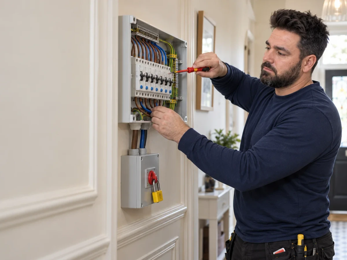 Klaidi fitting a new consumer unit in a London hallway by Bello Electrics Ltd