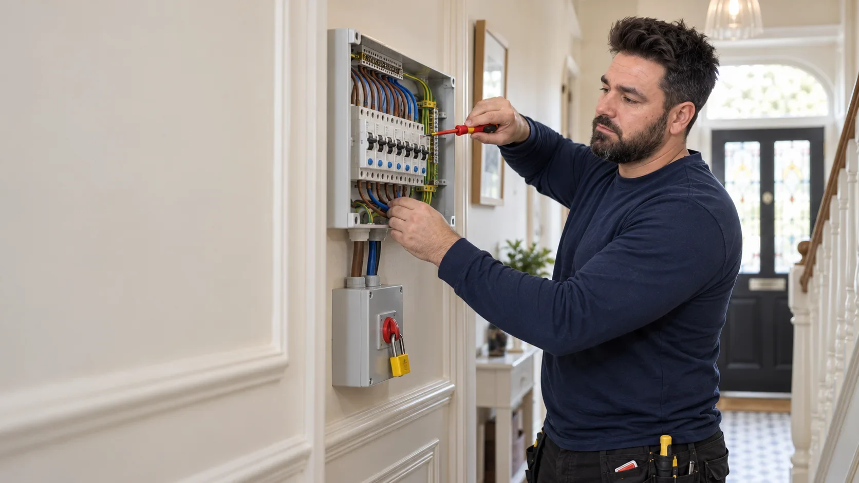 Klaidi fitting a new consumer unit in a London hallway by Bello Electrics Ltd