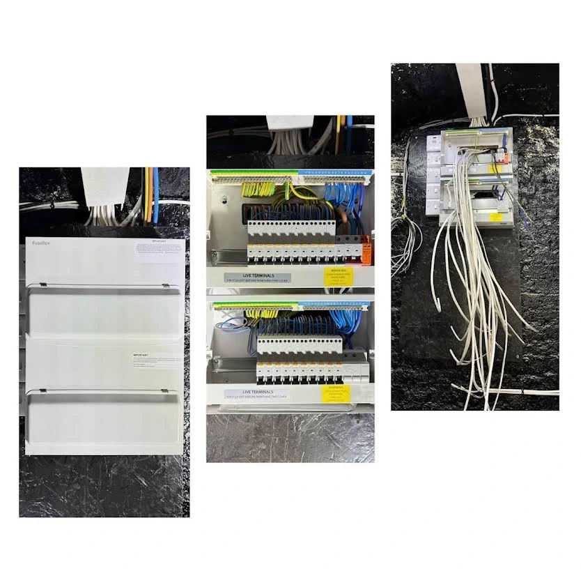 Three views of a consumer unit installation from empty enclosure to completed wiring