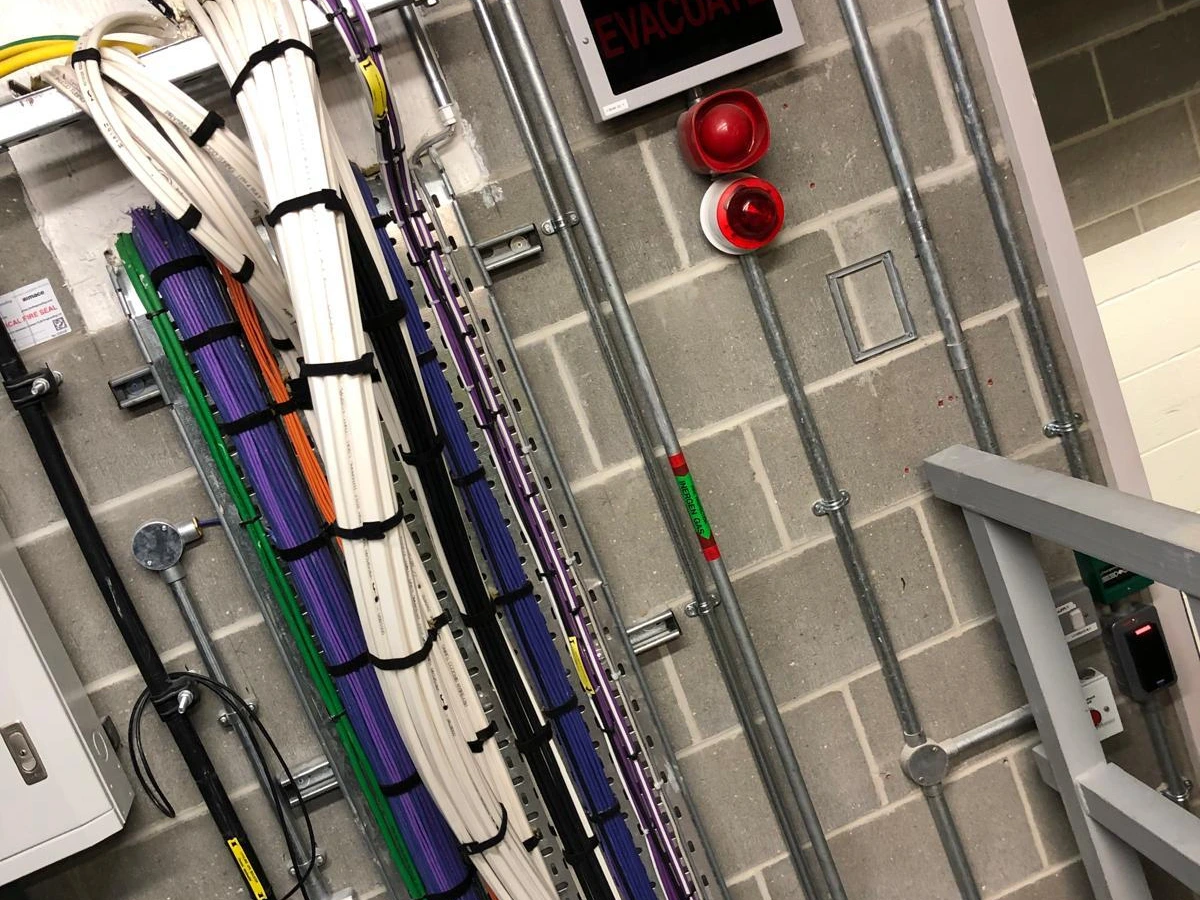 Riser containment with trunking, conduit and cable bundles on a plant room wall