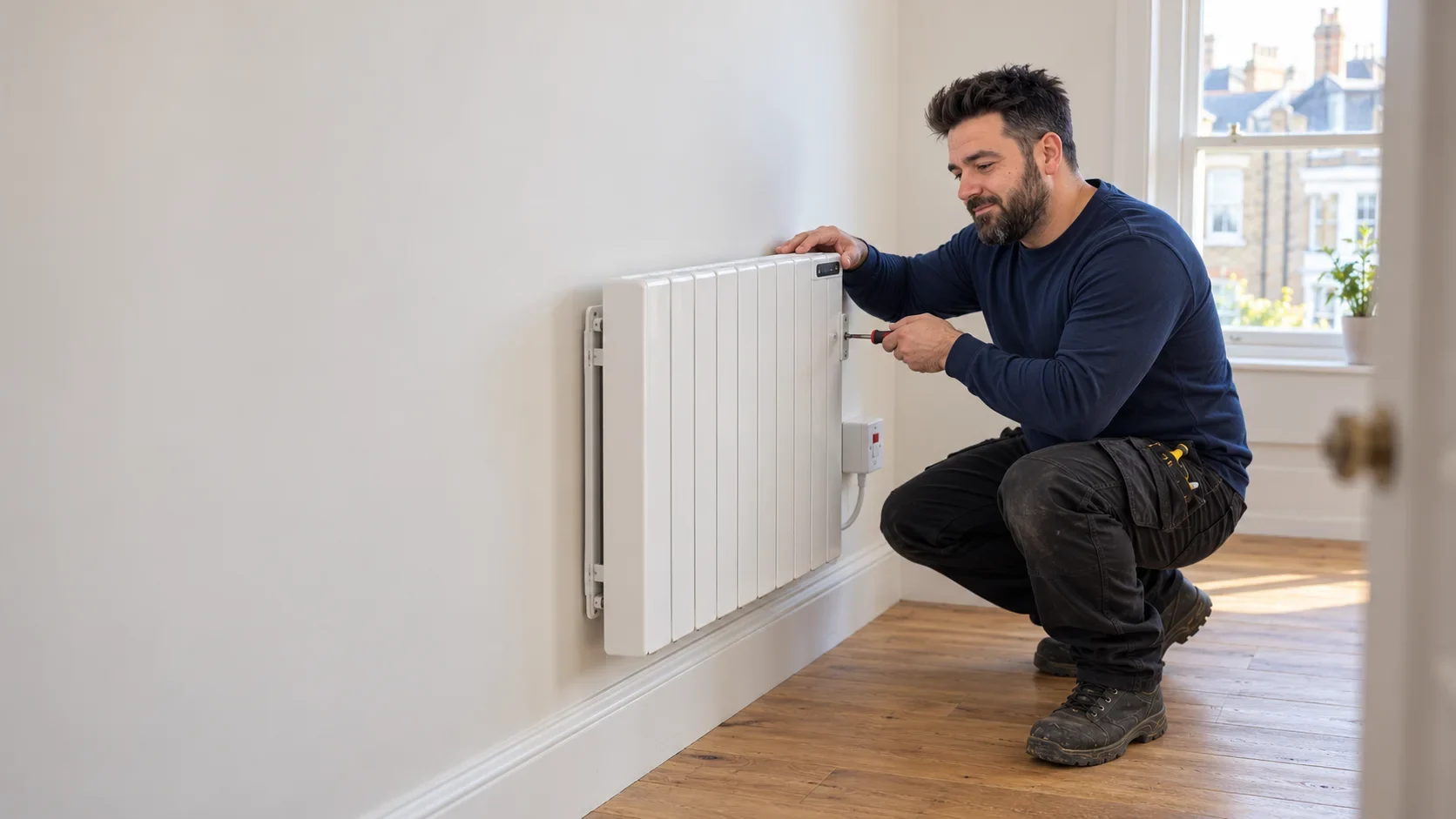Klaidi connecting an electric radiator in a London flat by Bello Electrics Ltd