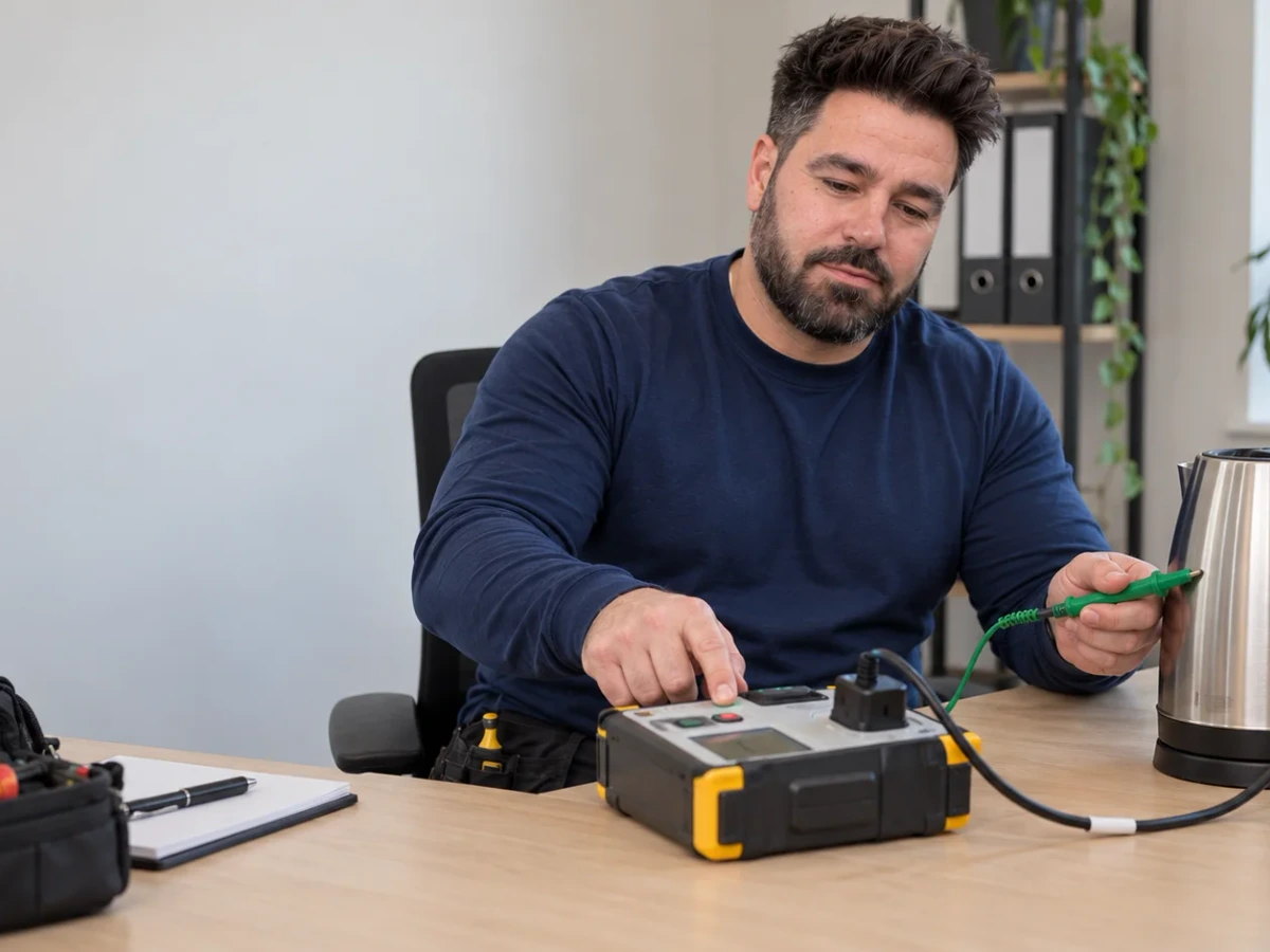 Klaidi PAT testing a kettle at an office desk by Bello Electrics Ltd