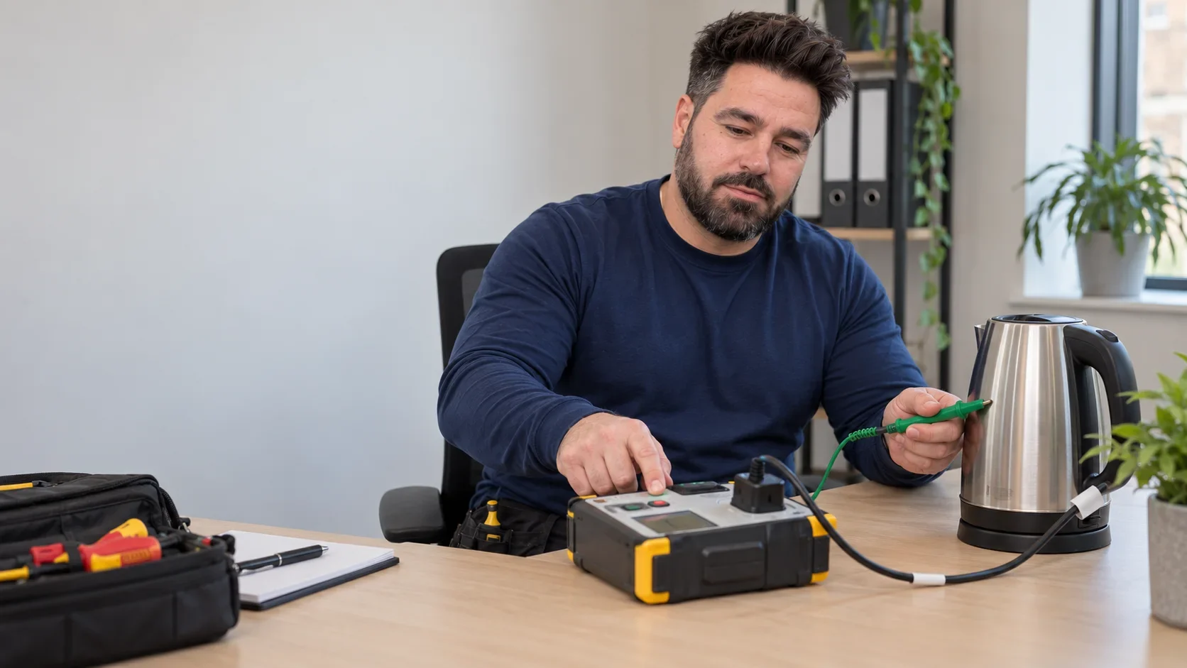 Klaidi PAT testing a kettle at an office desk by Bello Electrics Ltd