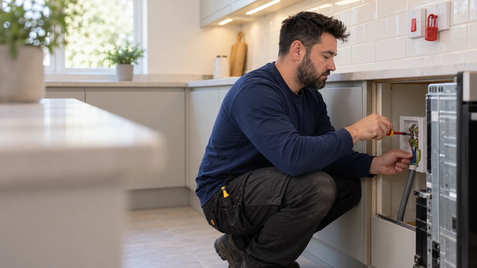 Klaidi connecting a cooker outlet beside an oven in a kitchen by Bello Electrics Ltd