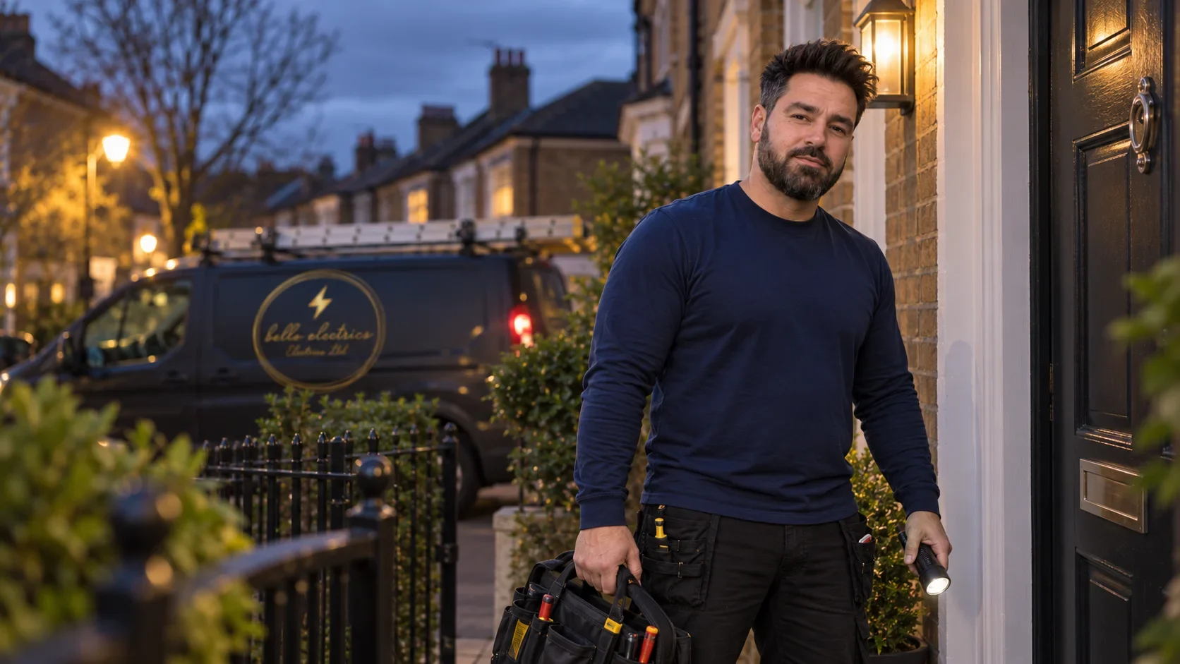 Klaidi arriving at a London front door at dusk with his toolbag and torch by Bello Electrics Ltd