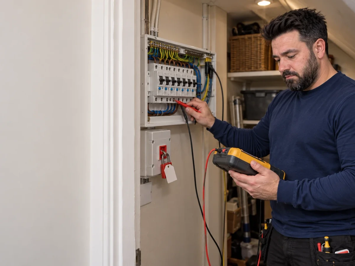Klaidi testing a consumer unit with a multifunction tester in an understairs cupboard by Bello Electrics Ltd