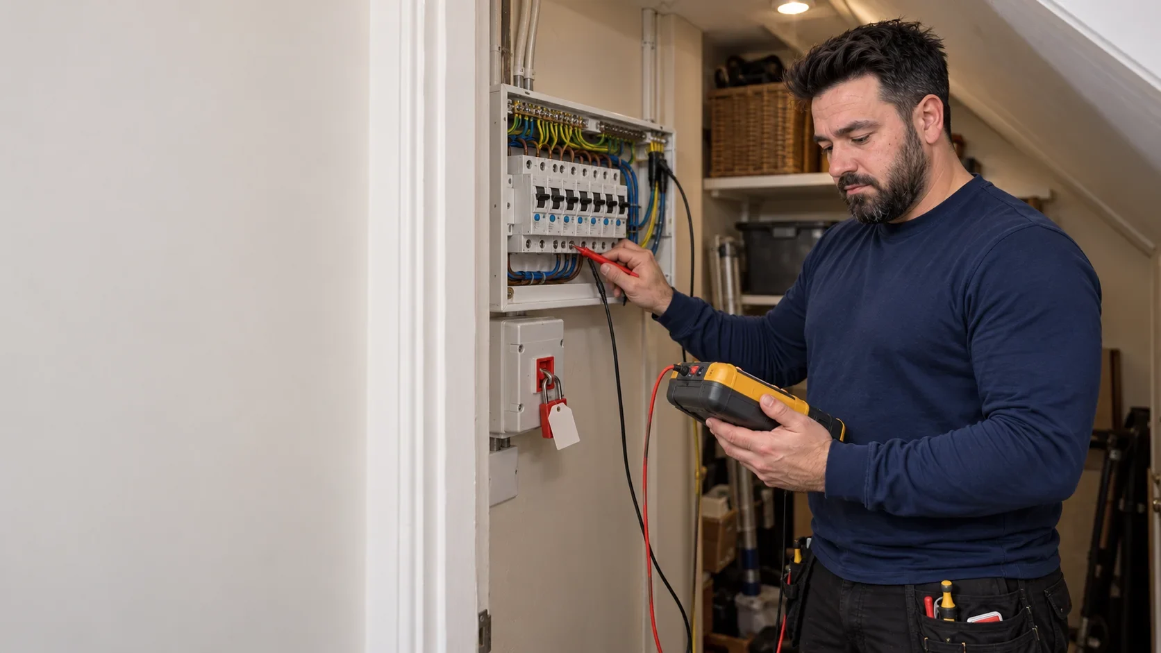 Klaidi testing a consumer unit with a multifunction tester in an understairs cupboard by Bello Electrics Ltd