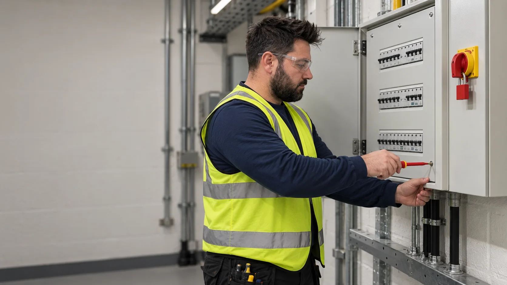 Klaidi in hi vis working on a commercial three phase distribution board by Bello Electrics Ltd