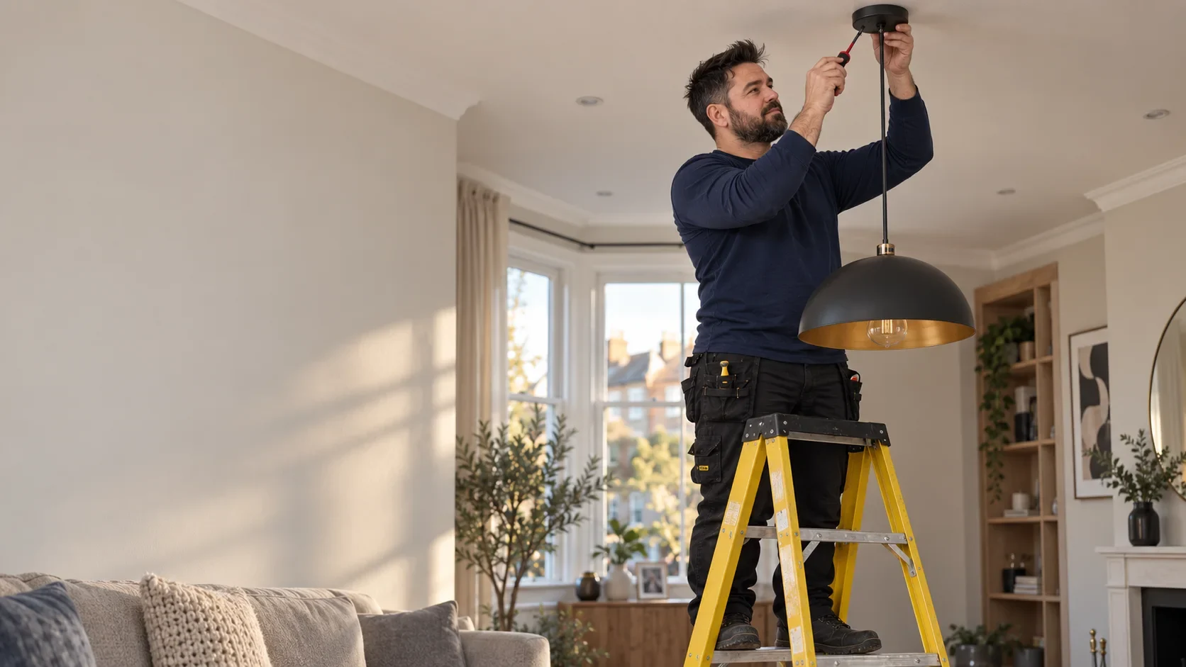 Klaidi on a step ladder fitting a pendant light in a living room by Bello Electrics Ltd