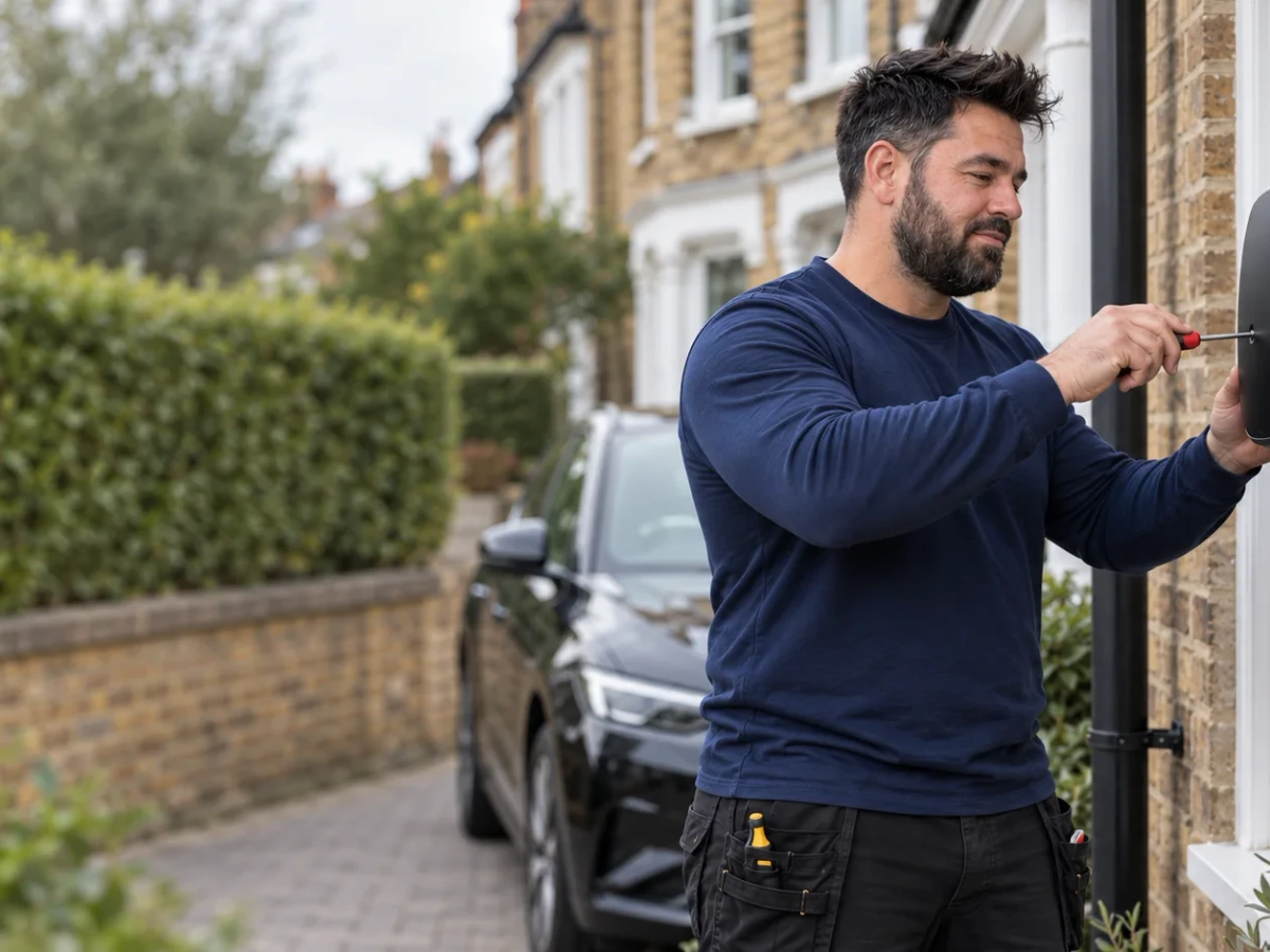 Klaidi fitting a wall mounted EV charger on a brick terrace house by Bello Electrics Ltd