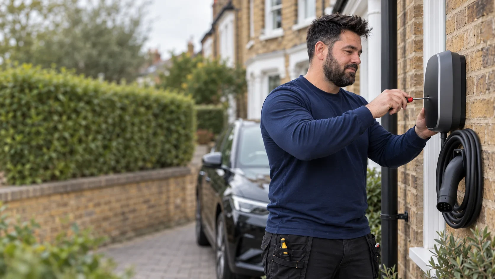 Klaidi fitting a wall mounted EV charger on a brick terrace house by Bello Electrics Ltd