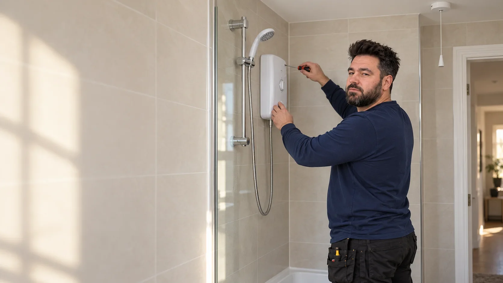 Klaidi fitting an electric shower in a tiled bathroom by Bello Electrics Ltd