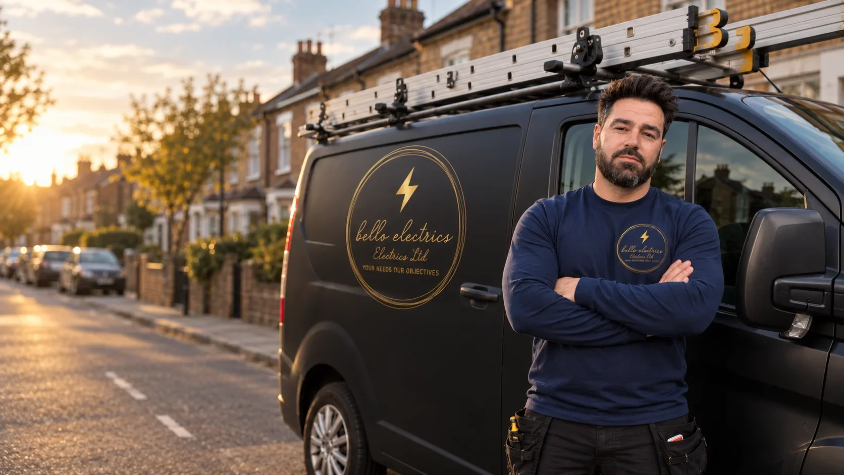 Klaidi of Bello Electrics beside his branded van on a London street