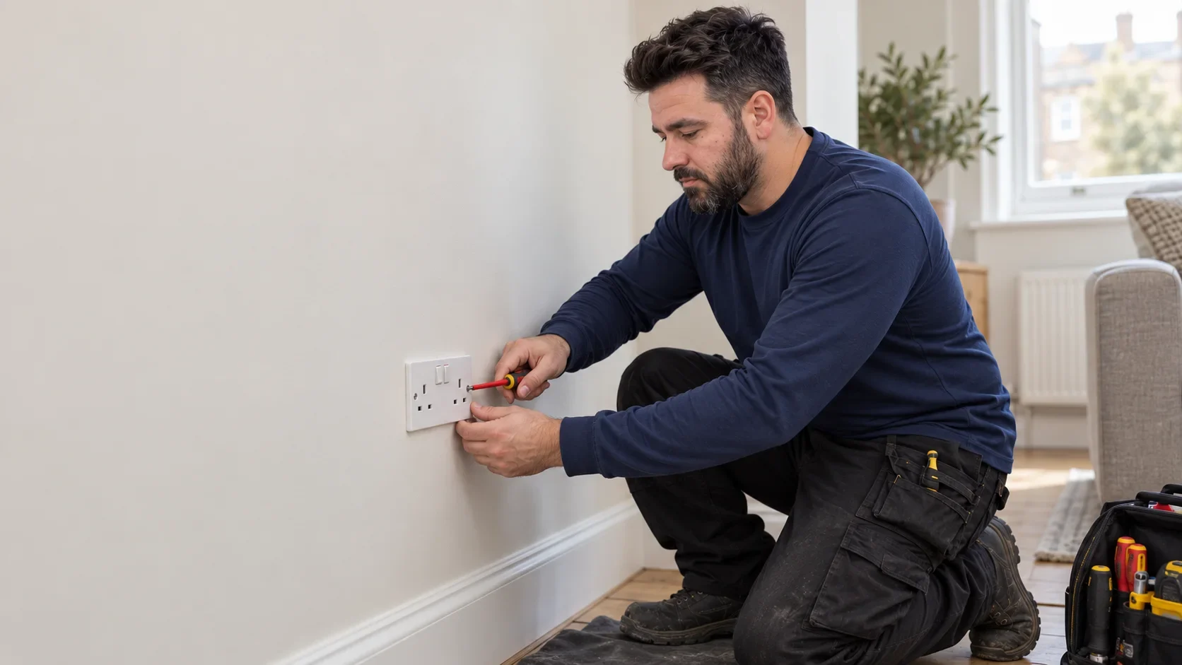 Klaidi fitting a double socket faceplate by Bello Electrics Ltd