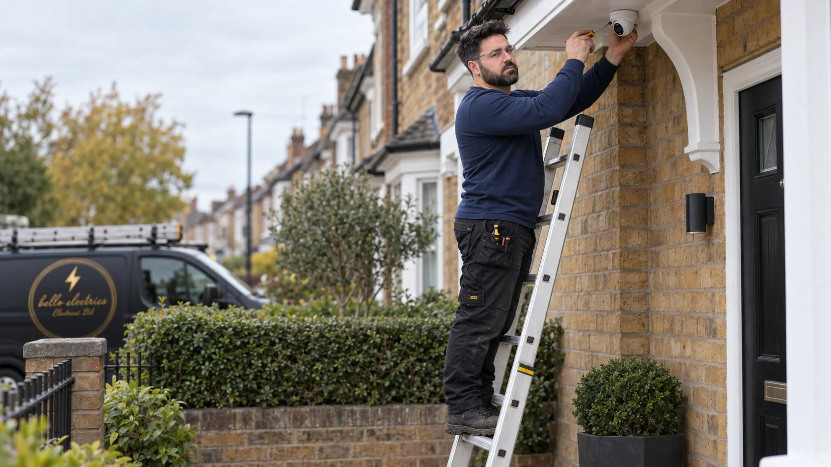 Klaidi on a ladder fitting a CCTV camera under the eaves of a house by Bello Electrics Ltd