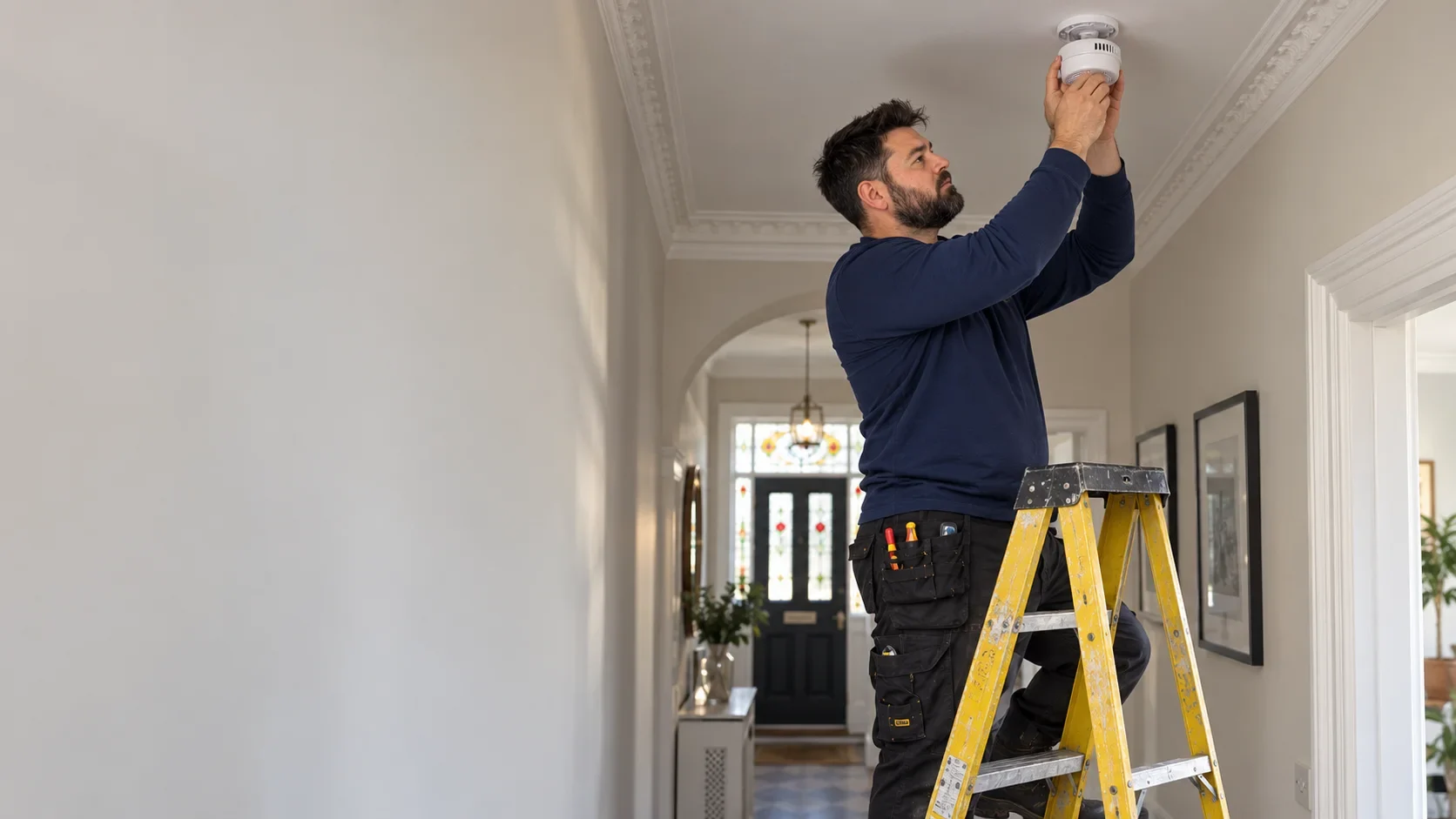 Klaidi on a step ladder fitting a ceiling smoke alarm in a hallway by Bello Electrics Ltd