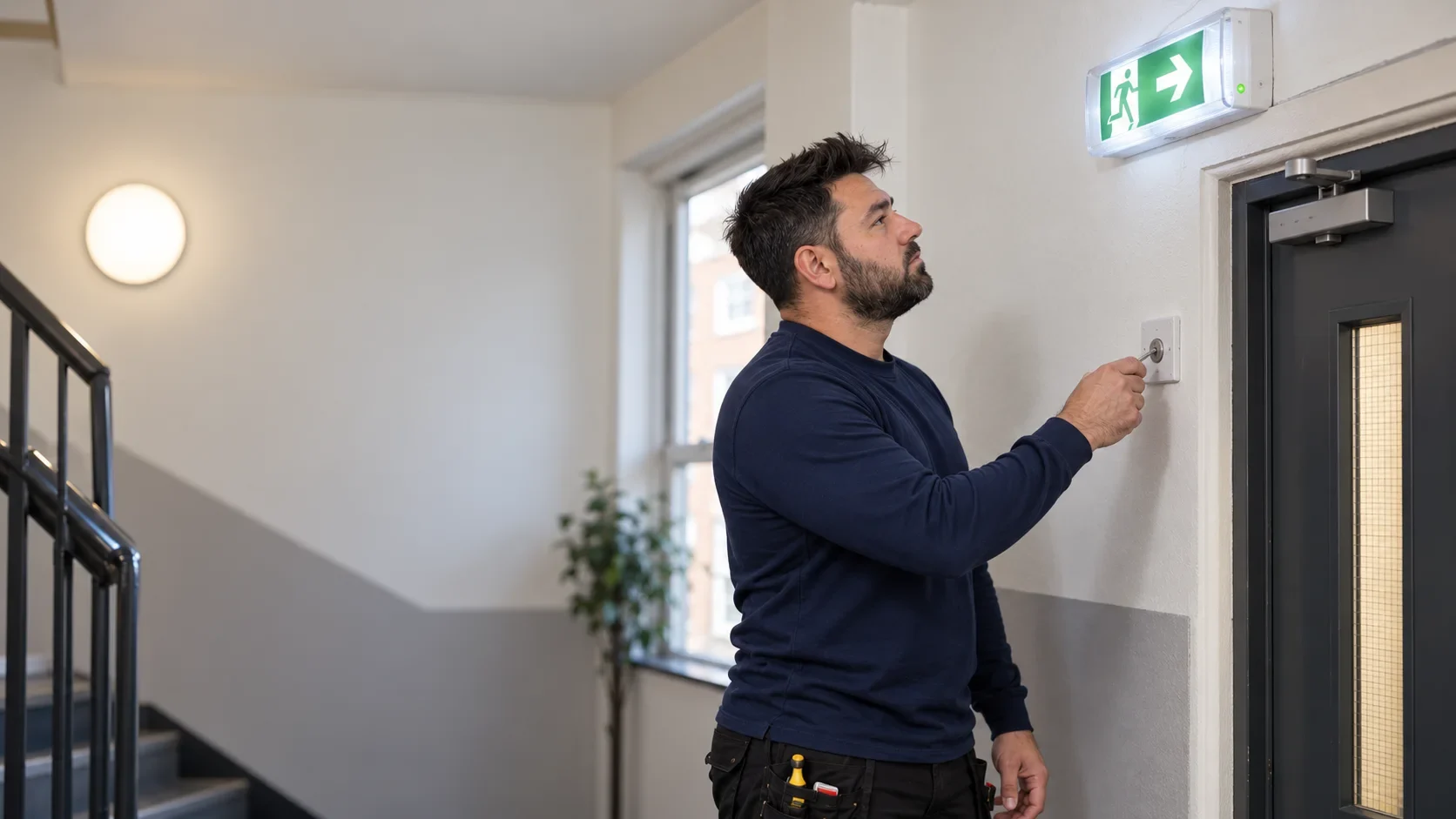 Klaidi testing emergency lighting in a communal stairwell by Bello Electrics Ltd