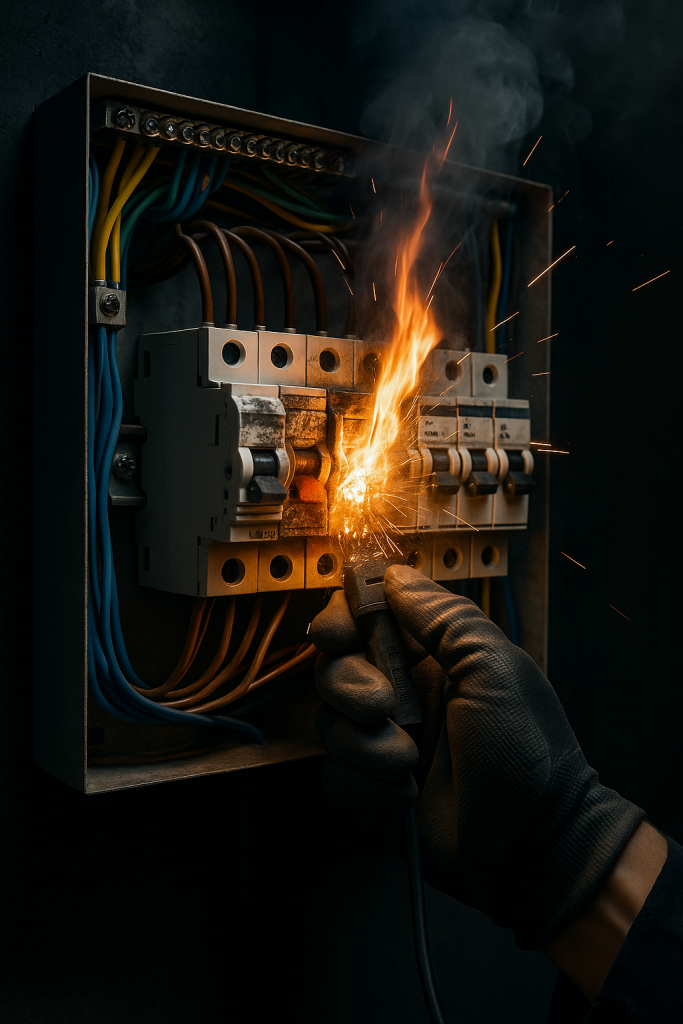 Electrical fuse board fire caused by faulty wiring, showing the dangers of electrical faults and poor maintenance.